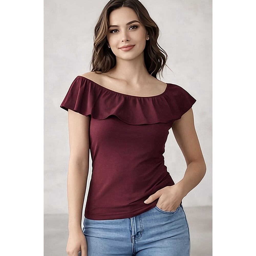 Garage Top Women S Burgundy Off Shoulder Ruffle 100028750